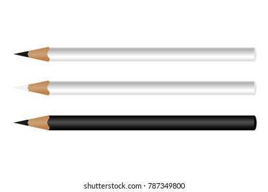 Three white and black pencil on white background for your logo. Mockup . Vector illustration