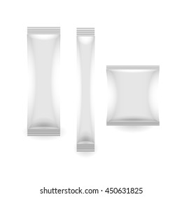 three White Blank Foil Packaging Coffee, Salt, Sugar, Pepper Or Spices Stick Plastic or paper Pack Ready For Your Design. Snack Product Packing mock-up Vector