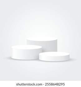 Three white blank podiums stand to show products on white background, Vector illustration.