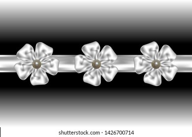 Three white bows with a pearl on a ribbon of satin ribbon. Background gradient black and white. Vector.