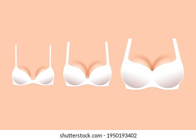 Three white brassieres with cups of different sizes, and female breast shapes. Lingerie for small, medium and large breasts. Diversity of bra sizes, choosing of underwear, fashion trends