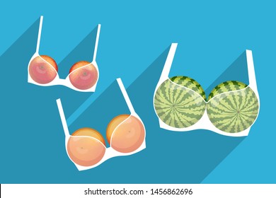 Three white brassieres with fruits inside, over colored background. Apple, grapefruit and watermelon are as small, medium and large breasts. How to orient in choosing of bra size