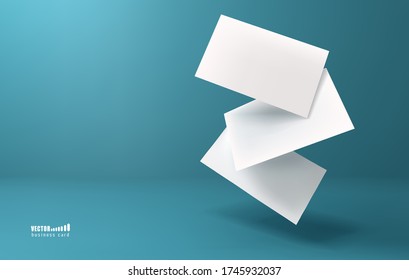 Three white business cards on a blue background in space. Vector illustration. 3d template for design visualization.