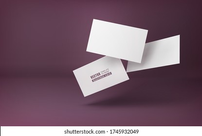 Tres tarjetas blancas de visita sobre un fondo burdeos en el espacio. Ilustración vectorial. 3d plantilla para la visualización del diseño.