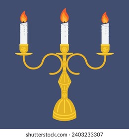 Three white candles in antique brass or bronze candlesticks, with burning flames