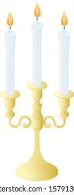 three white candles standing on a golden candle stand, isolated on the white background