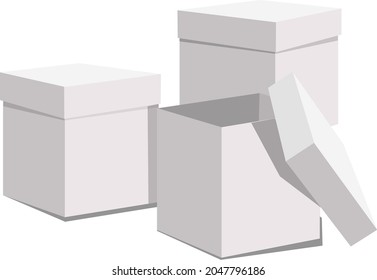 three white cardboard boxes with a lid, on a white background