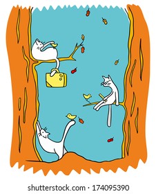 three white cat birds in fairy autumn forest