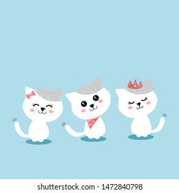Three white cat with cute face. Beautiful and funny kitten cat cartoon character on blue background vector illustration.
