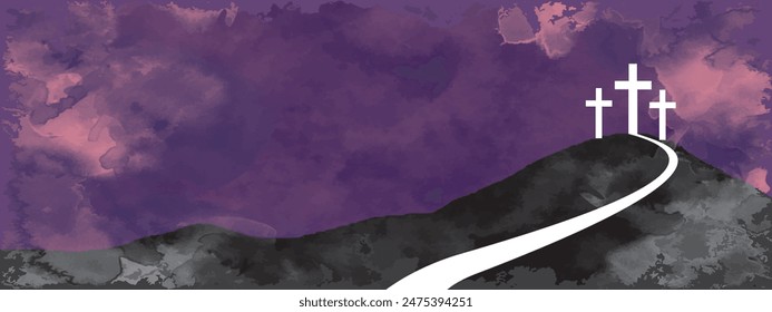 three white Christian crosses stand on the mountain, and a road approaches them on a purple background