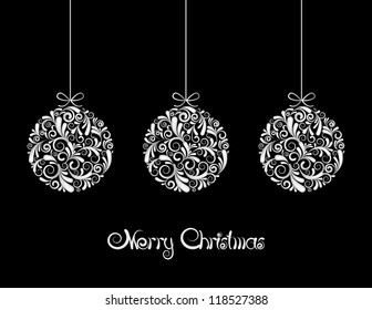 Three White Christmas balls on black background.  Vector illustration