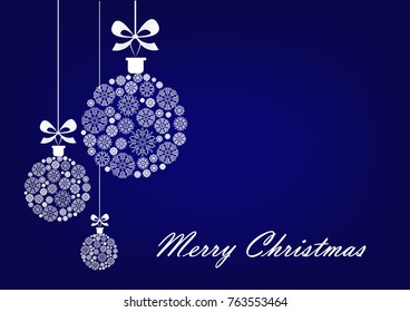 three white Christmas balls on the blue background, horizontal