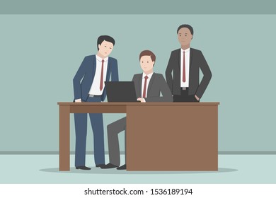 Three white collars. Asian, Caucasian and African-American employees. Vector illustration.