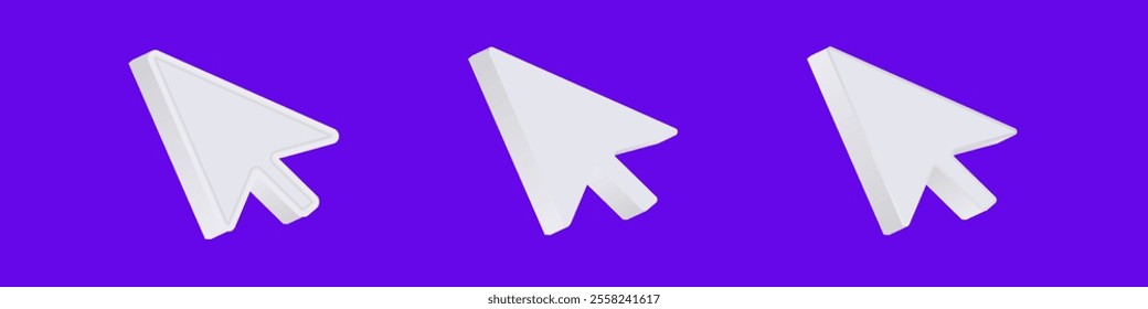 Three white computer arrow cursors aligned horizontally, showcasing digital icons.