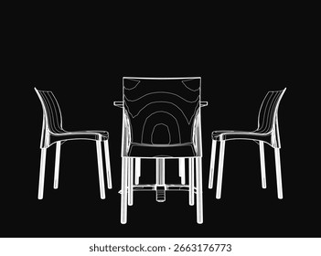 Três cadeiras de contorno branco e uma mesa se destacam contra um fundo preto profundo. As cadeiras formam um arranjo triangular em torno da mesa central. O desenho de linha minimalista enfatiza.