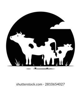 Three white cows standing in a field with a large black sun or moon behind them