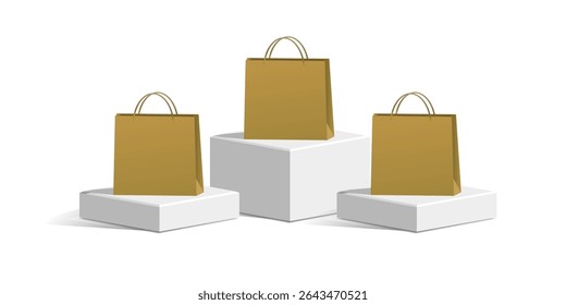Three White cube block podium, stage, pedestal, and platform with a blank shopping bag vector. Perfect for retail promotions, product launches, sales, and e-commerce visuals.