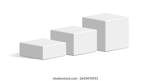 Three White cube block podium stage pedestal and platform vector, a minimalist display element. Ideal for product showcases, presentations, awards, exhibitions, and modern design.