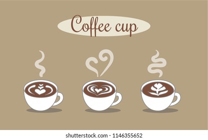 Three white cups of coffee on a brown background. Patterns of coffee. The art of drawing on coffee. - Vector