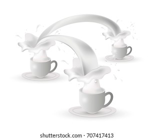 Three white cups with milk, yogurt and cream. Vector