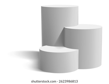 Three white cylinders of varying heights and widths forming a winners podium, casting shadows on a white background, ideal for representing success and achievement
