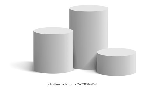 Three white cylindrical podiums of different heights casting shadows are arranged on a white background, creating a winners' stand for a competition or award ceremony