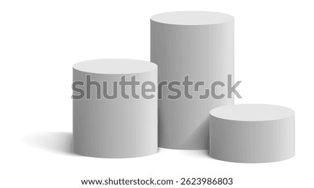 Three white cylindrical podiums of different heights casting shadows are arranged on a white background, creating a winners' stand for a competition or award ceremony