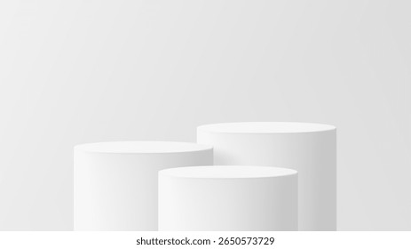 Três pódios cilíndricos brancos para exibição de produtos, uma maquete limpa moderna para apresentação e publicidade.
