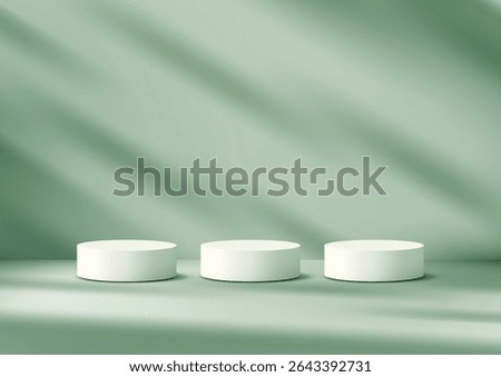 three white cylindrical podiums stand on a light green surface, bathed in natural light with subtle shadows, serene and elegant product display mockup for showroom or retail presentations