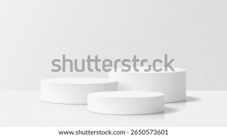 Three white cylindrical product display stands on a reflective surface. Minimalistic neutral showroom. Presentation mockup for cosmetics.