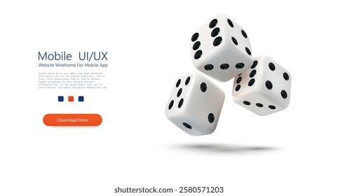 Three white dice with black dots are soaring above a smooth surface, capturing the thrill of a game evening. The dice are in mid-air, creating a dynamic and playful atmosphere. 3d Vector