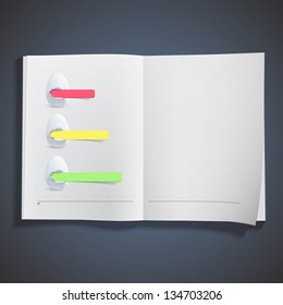 Three white egg with colorful paper inside book. Vector design.