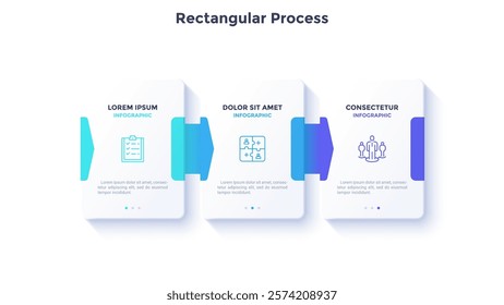 Three white elements with arrows placed in horizontal row. Concept of 3 successive steps to business project success. Modern infographic design template. Simple flat vector illustration for banner.