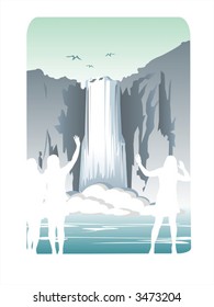 Three white female silhouettes on a background of a falls.
