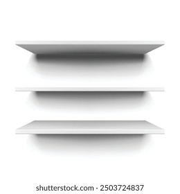 Three white floating shelves in a minimalistic, clean. Vector illustration
