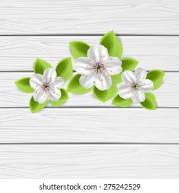 Three white flowers with green leaves on wooden background, illustration.