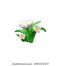 Three white flowers with yellow centers and green leaves in a simple, playful 3D icon style. Vector illustration of blooming flowers with lush green foliage.