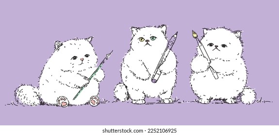 Three white fluffy kittens hold a brush, a pencil and a pen in their paws. Pets are artist friends. Baby Cats on a Very Peri color background. Hand drawn vector illustration