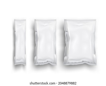Three White Foil Pillow Bag For Chips, Snacks Or Candys Isolated On Gray Background. EPS10 Vector
