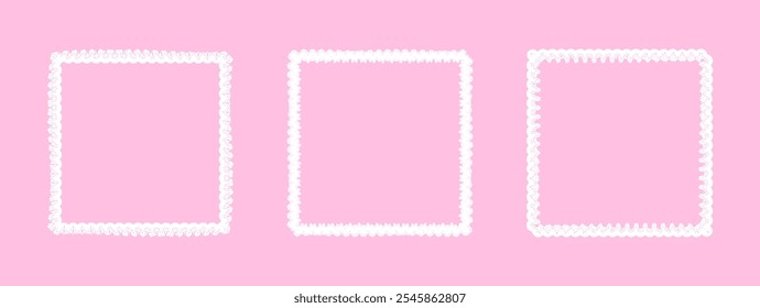  Three white frames on pink background. Simple, textured border. Delicate, lacy border. Feminine and visually appealing backdrop. Unique decorative borders add variety. Soft and elegant aesthetic.