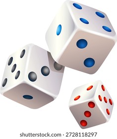 Three white gaming dice with blue black and red dots or pips falling or tumbling through the air on transparent background