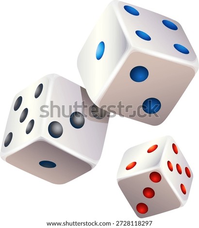 Three white gaming dice with blue black and red dots or pips falling or tumbling through the air on transparent background