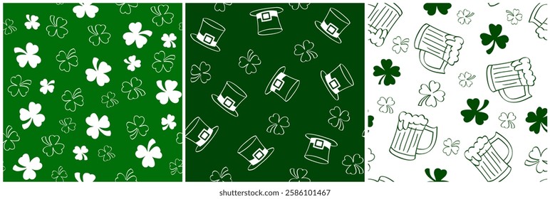 three white and green seamless patterns for St. Patrick's Day with shamrock, beer pint and hat Hand-drawn illustrations for decoration and web design