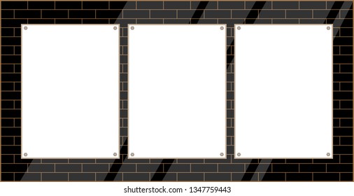 Three white hanging sheets signboard with blank space for your text on a black brick wall. Vector design mock up template.