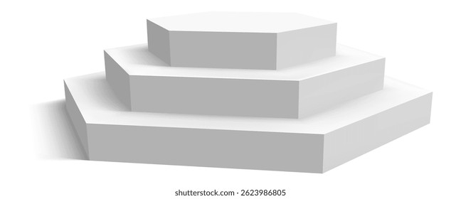 Three white hexagonal podiums stacked on top of each other, creating a pyramid shape and casting a subtle shadow on a white background, ideal for showcasing products or concepts