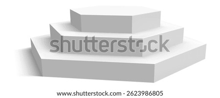 Three white hexagonal podiums stacked on top of each other, creating a pyramid shape and casting a subtle shadow on a white background, ideal for showcasing products or concepts