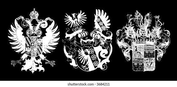 Three white historical shields on black - can be used how background (vector, illustration)