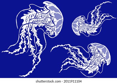 Three white jellyfishes on blue background. Hand carved linocut illustration of sea life. Isolated jellyfish for your paper or textile design.