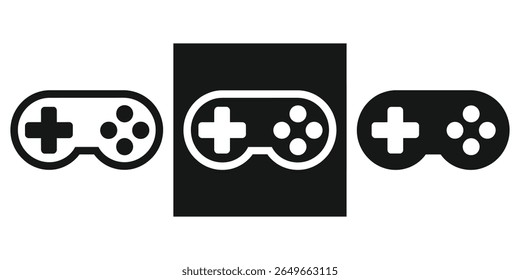 Três ícones brancos do joystick são apresentados em um pano de fundo transparente, ao lado de uma singular versão quadrada em preto sólido do ícone do controlador do jogo.