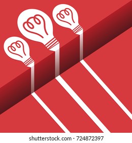 Three white light bulb silhouettes on a red background with a step. Vector image for presentations and graphical representation of data. Illustration of stationery for infographics